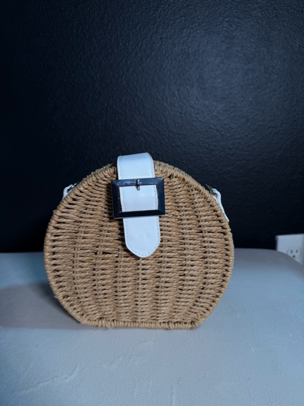 Forever 21 Round Woven Straw Crossbody with White Accent